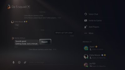 PS5 console user interface showing how to report a message.
