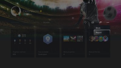 PS5 console user interface showing how to report a profile.