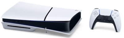 PS5 model group slim console lying horizontally with a DualSense wireless controller
