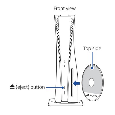 Front view of a vertical PS5 console. The disc drive is at the bottom, on the right side. A disc is shown being inserted vertically, with the disc's label on the left side.