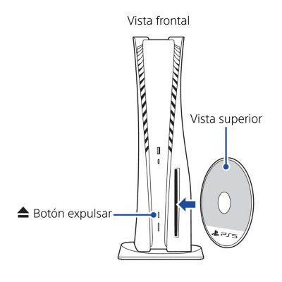 Vista frontal de una consola PS5 en posición vertical. La unidad de disco está en la parte inferior, en el lado derecho. Se muestra un disco insertado verticalmente, con la etiqueta del disco en el lado izquierdo.