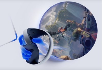 PS VR2 Sense controller with gameplay shot behind it