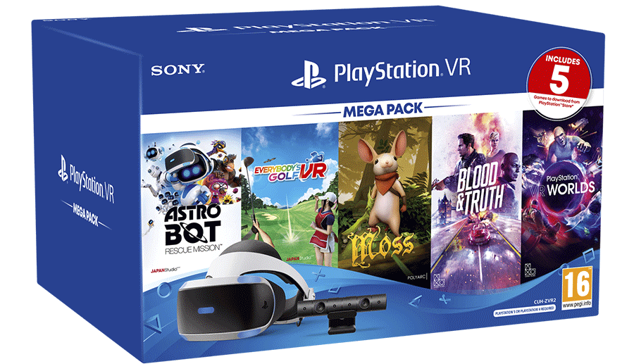 Ein Bild des PlayStation VR Mega Packs, das Hard- und Software zeigt.