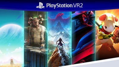 PS VR2 promotional imagery featuring artwork from No Man's Sky, Horizon: Call of the Mountain, GT7 and Moss: Book II