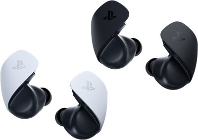 Zwei Paar PULSE Explore Wireless-Ohrhörer, eins in Weiß und das andere in Midnight Black