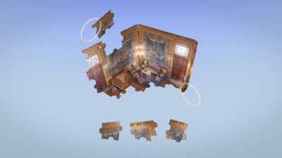 Captura de ecrã do Puzzling Places com um puzzle 3D a ser concluído