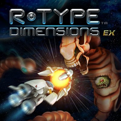 R-Type Dimensions EX key art showing a space ship and a monster scowling.