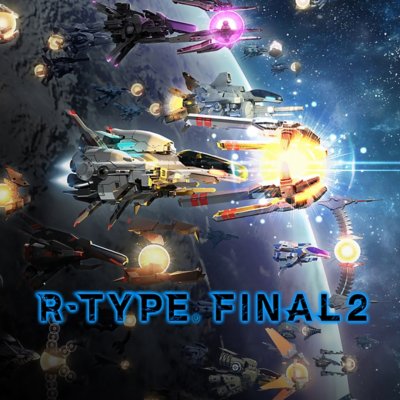 《R-Type Final 2》宣传海报，显示一大群发光的太空船在行星的轨道上环绕而行。