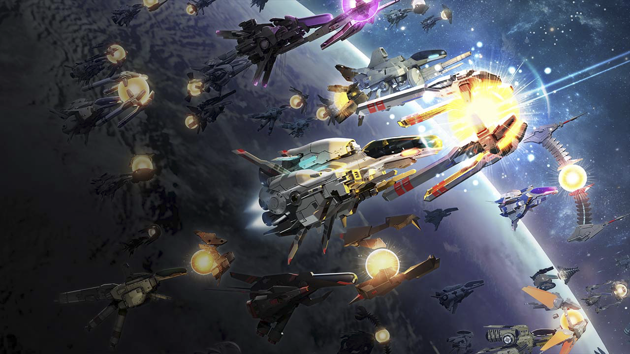 Promotivna ilustracija iz igre R-Type Final 2 koja prikazuje veći broj svjetlećih svemirskih brodova u orbiti oko planeta.