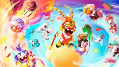 Captura de pantalla de Rabbids: Imagen hero de Rabbids: Party of Legends que muestra a los Rabbids volando por el aire