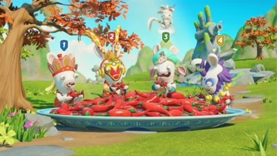 Rabbids:‎ Party of Legends لقطة شاشة تعرض شخصيات Rabbids وهم يأكلون طبقًا كبيرًا من الفلفل الحار