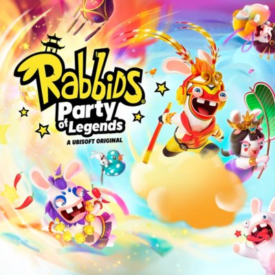 Rabbids: Party of Legends key art showing animal creatures standing on clouds.