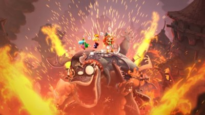 Rayman Legends screenshot showing players celebrating the end of a level