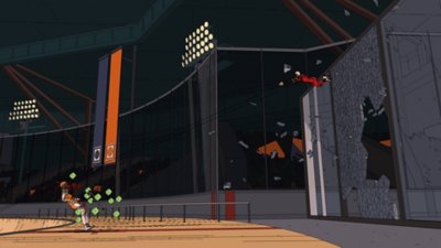 Rollerdrome – снимок экрана, на котором боец прорывается через стеклянную стену к противнику