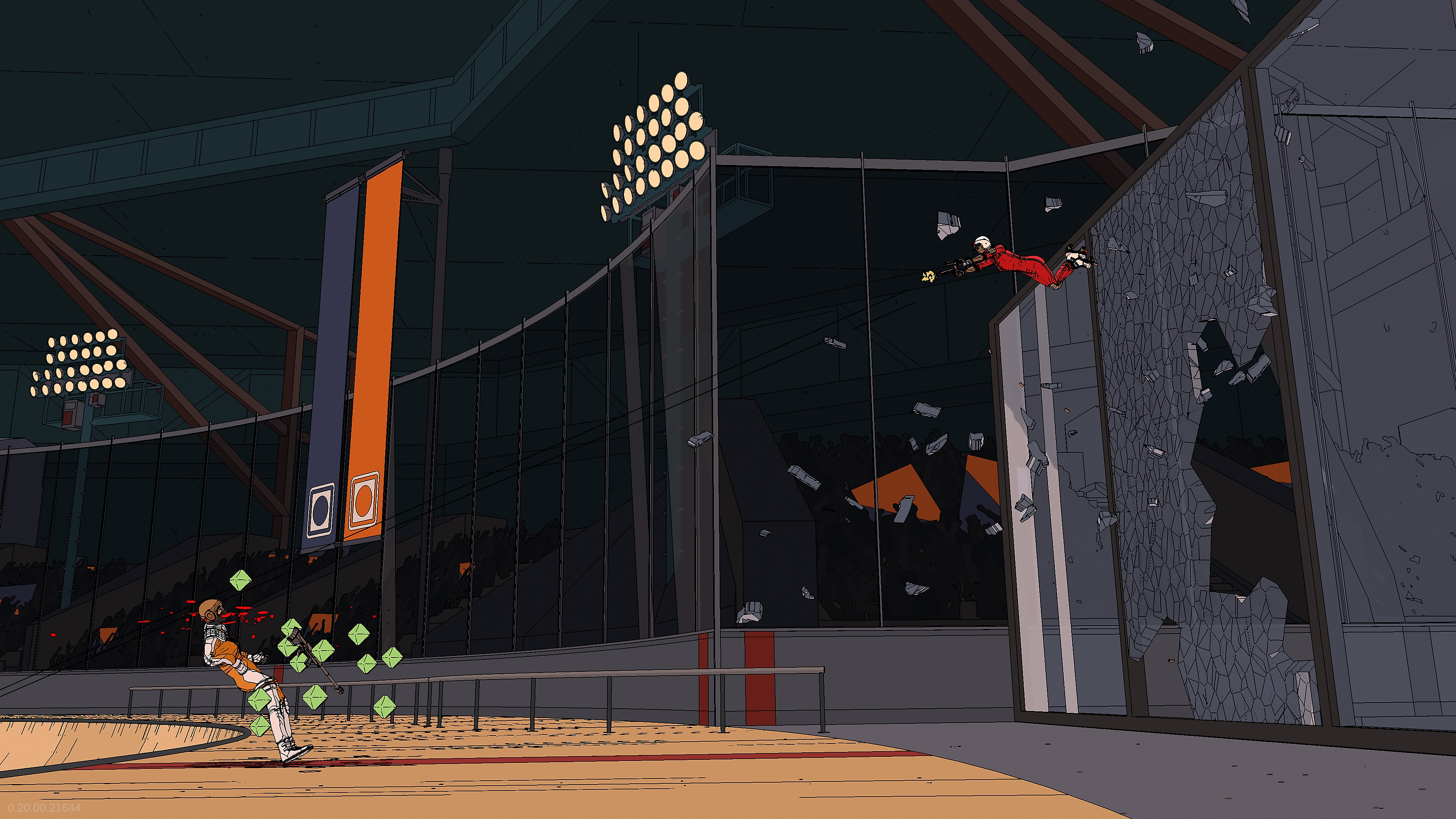 Rollerdrome – snímek obrazovky zobrazující bojovníka projíždějícího skleněnou stěnou směrem k soupeři