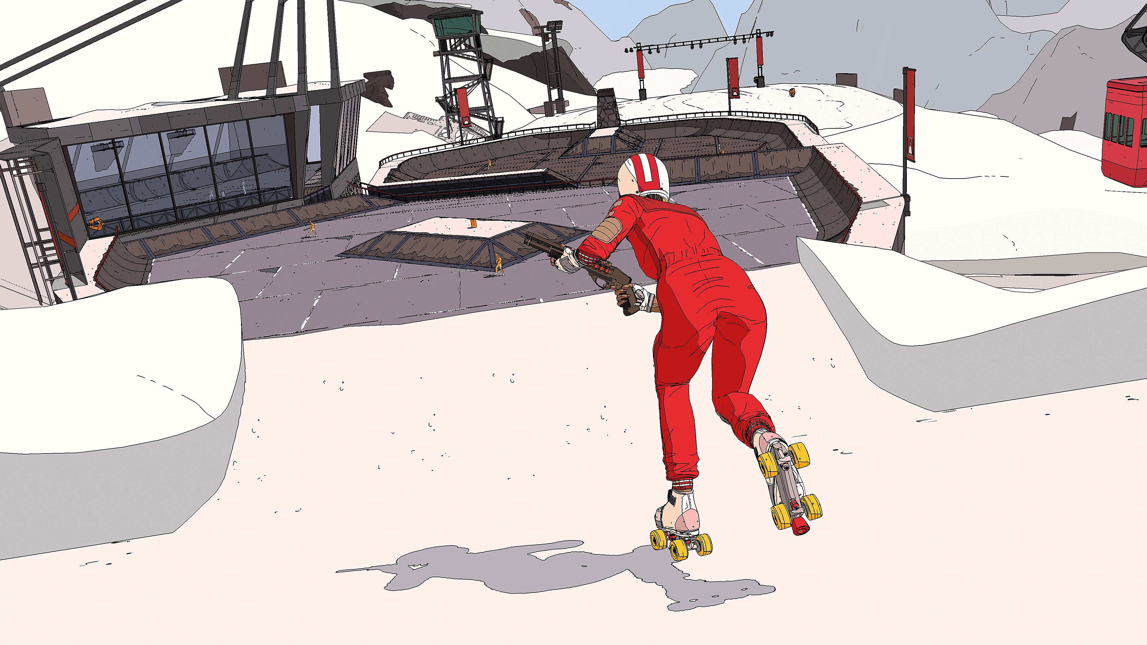Rollerdrome - captura de tela mostrando patinador de macacão e capacete armado com espingarda