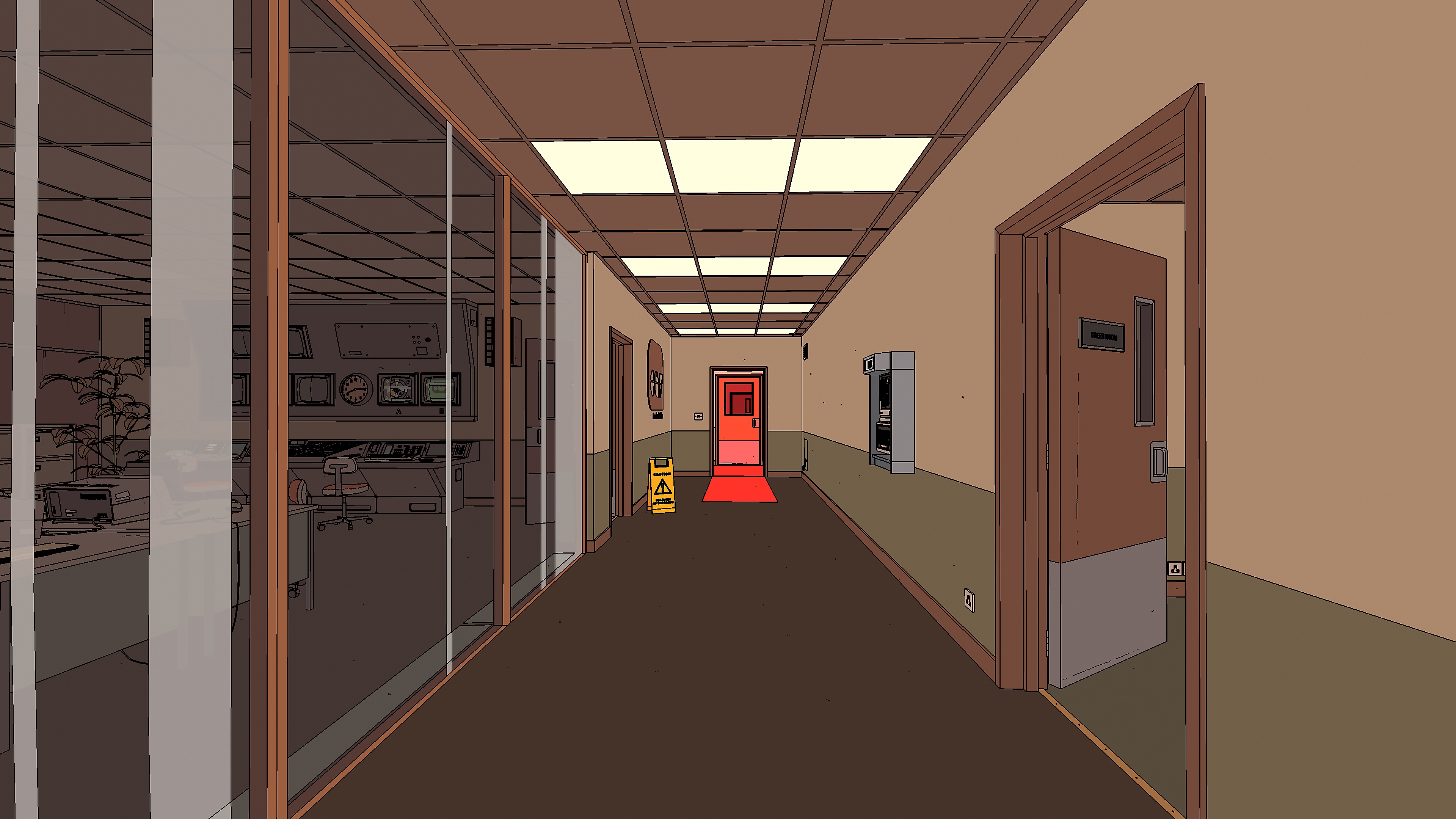 Captura de pantalla de Rollerdrome mostrando un pasillo con puertas que llevan al exterior