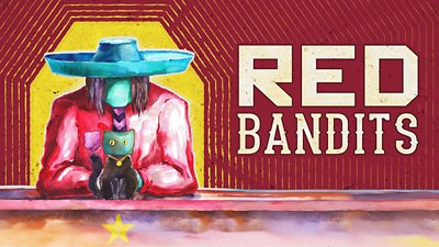 Red Bandits key art showing a human character dressed in red with a wide-rimmed blue hat, and a cat wearing a bag over its head with eyeholes cut out
