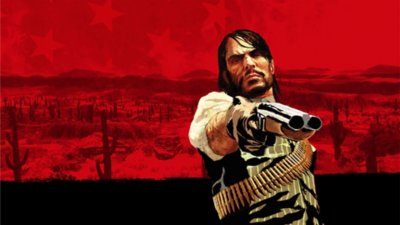 Arte promocional de Red Dead Redemption mostrando John Marston apontando uma espingarda