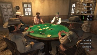 Captura de pantalla de Red Dead Redemption Que muestra a un grupo de personajes jugando al póquer en una taberna