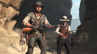 لقطة شاشة للعبة Red Dead Redemption يظهر فيها John Marston وهو يحمل بندقية رش