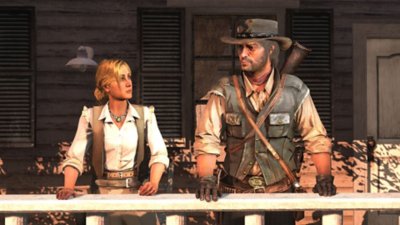 Arte principal do Red Dead Redemption que mostra John Marston a falar com Bonnie Macfarlane