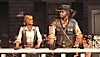《Red Dead Redemption》螢幕截圖，呈現約翰·瑪斯頓與邦妮·麥克法蘭談話