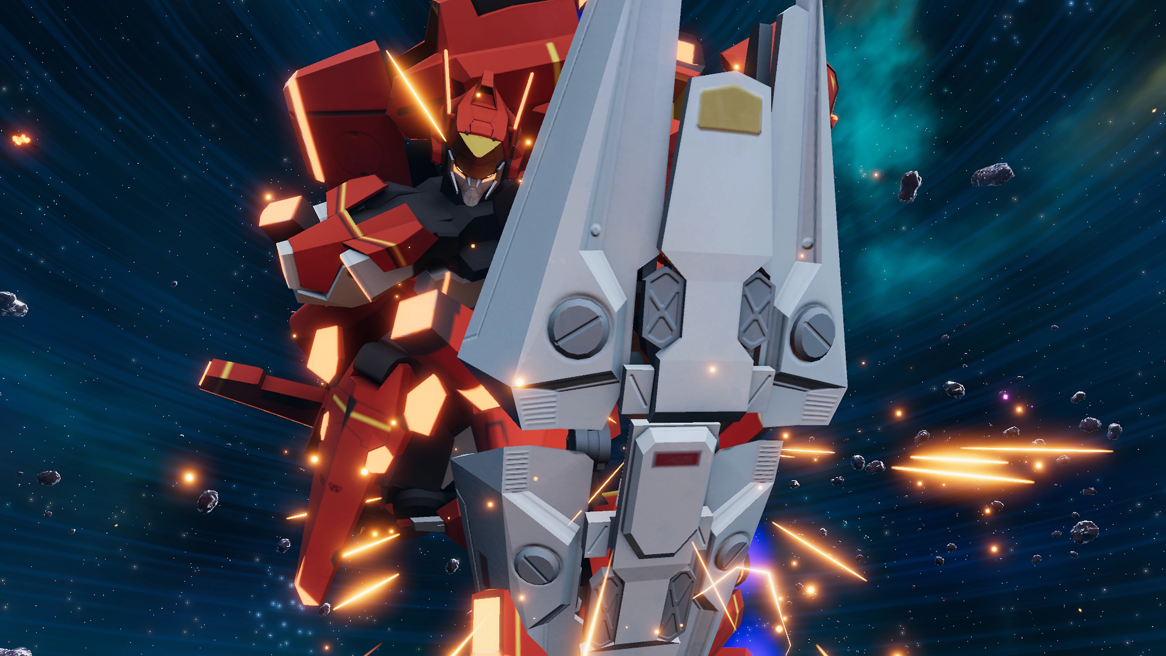 Relayer - Captura de tela exibindo um Relayer, um robô gigante com um escudo, voando pelo espaço