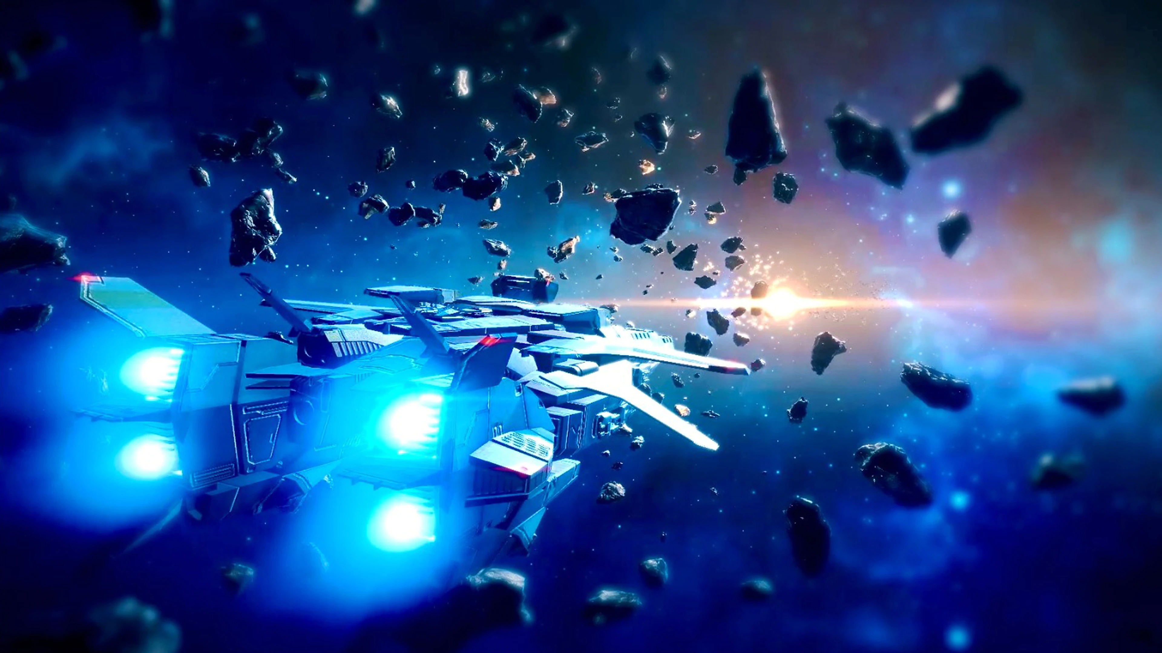 Relayer-skærmbillede, der viser et rumskib, der flyver igennem klippestykker i rummet