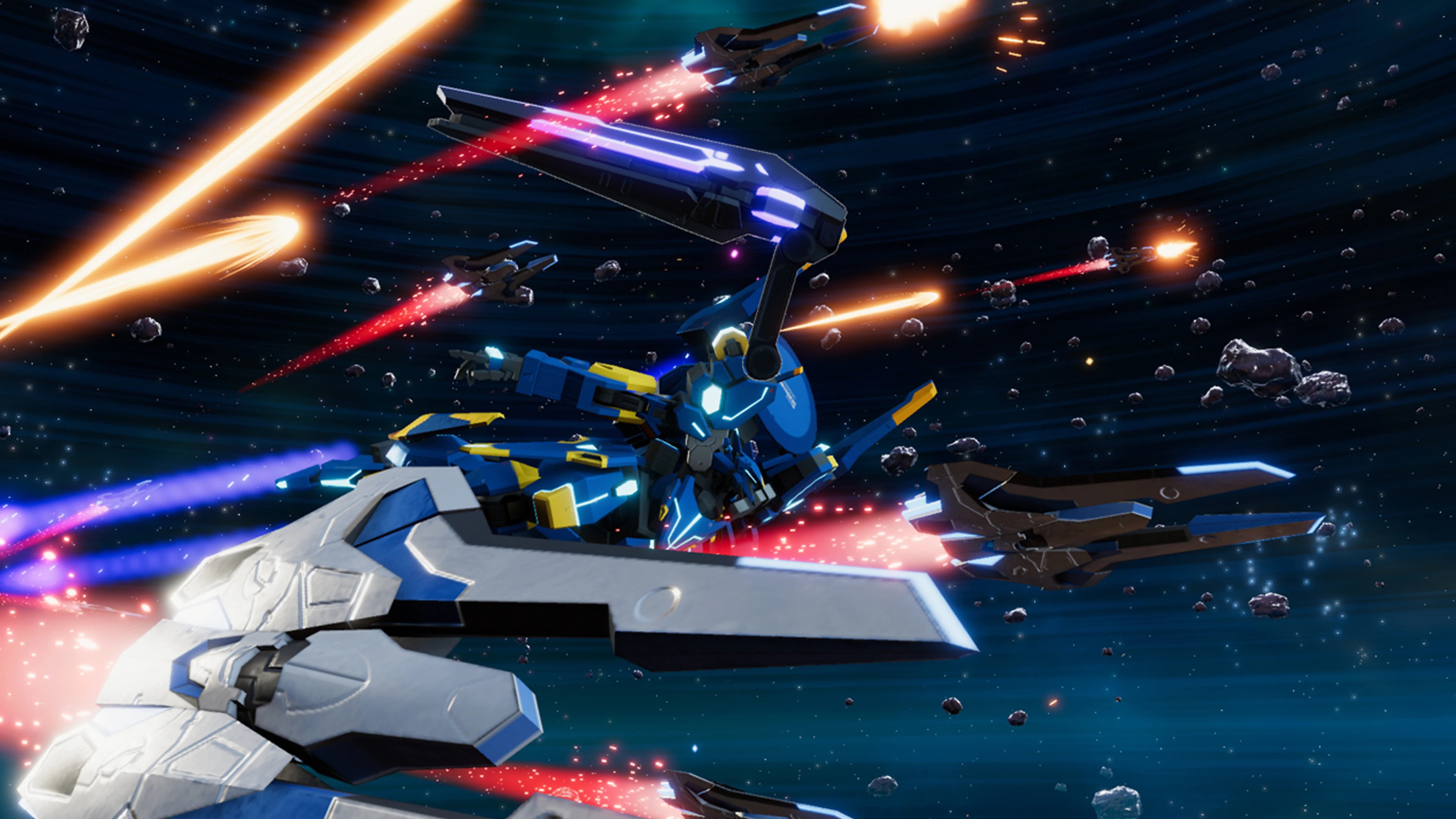 Relayer screenshot showing a mech suit flying through space alongside several spaceships
