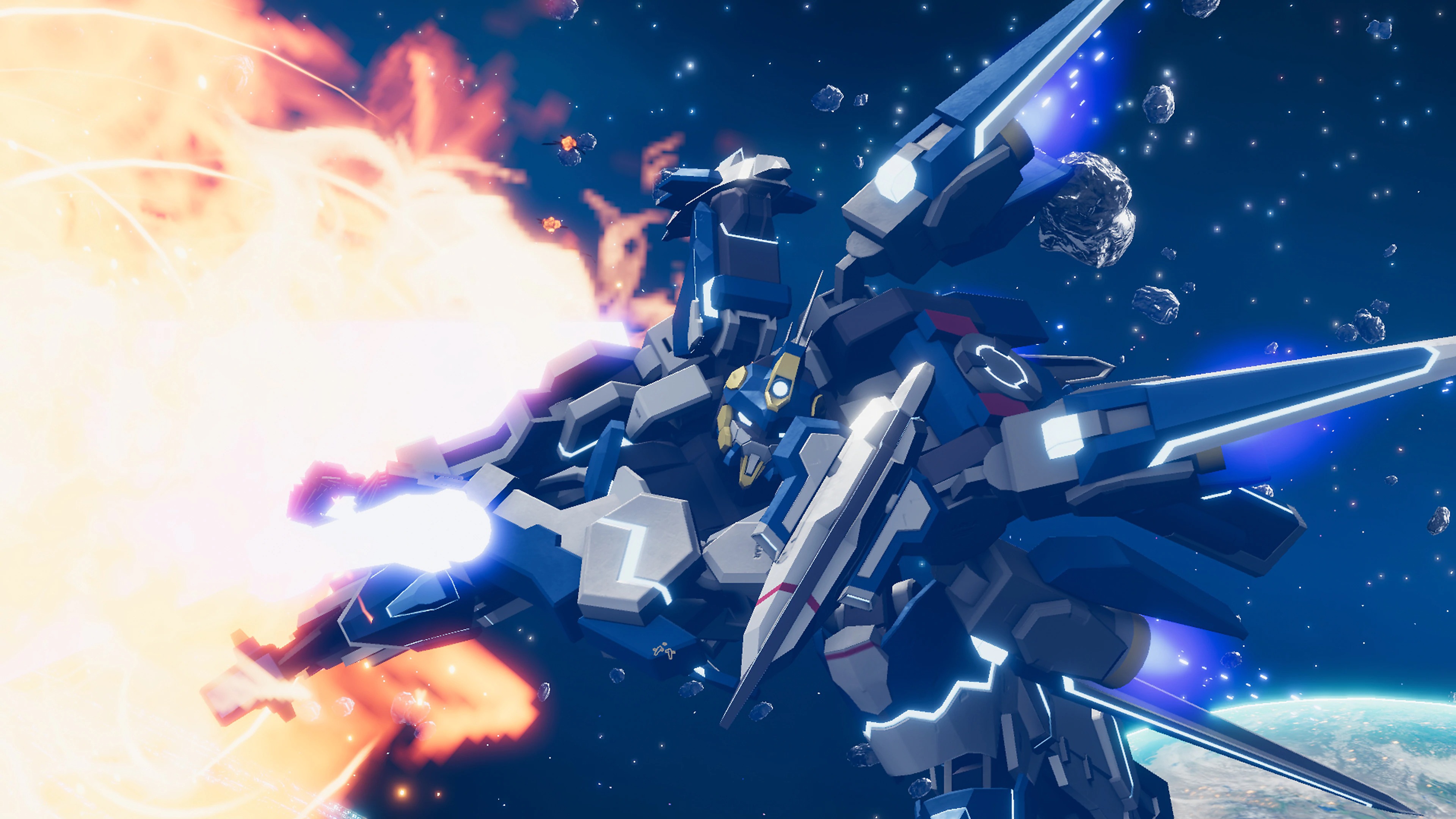 Relayer - Captura de tela exibindo a Stellar Gear, um robô humanoide gigante, voando para longe de uma explosão no espaço