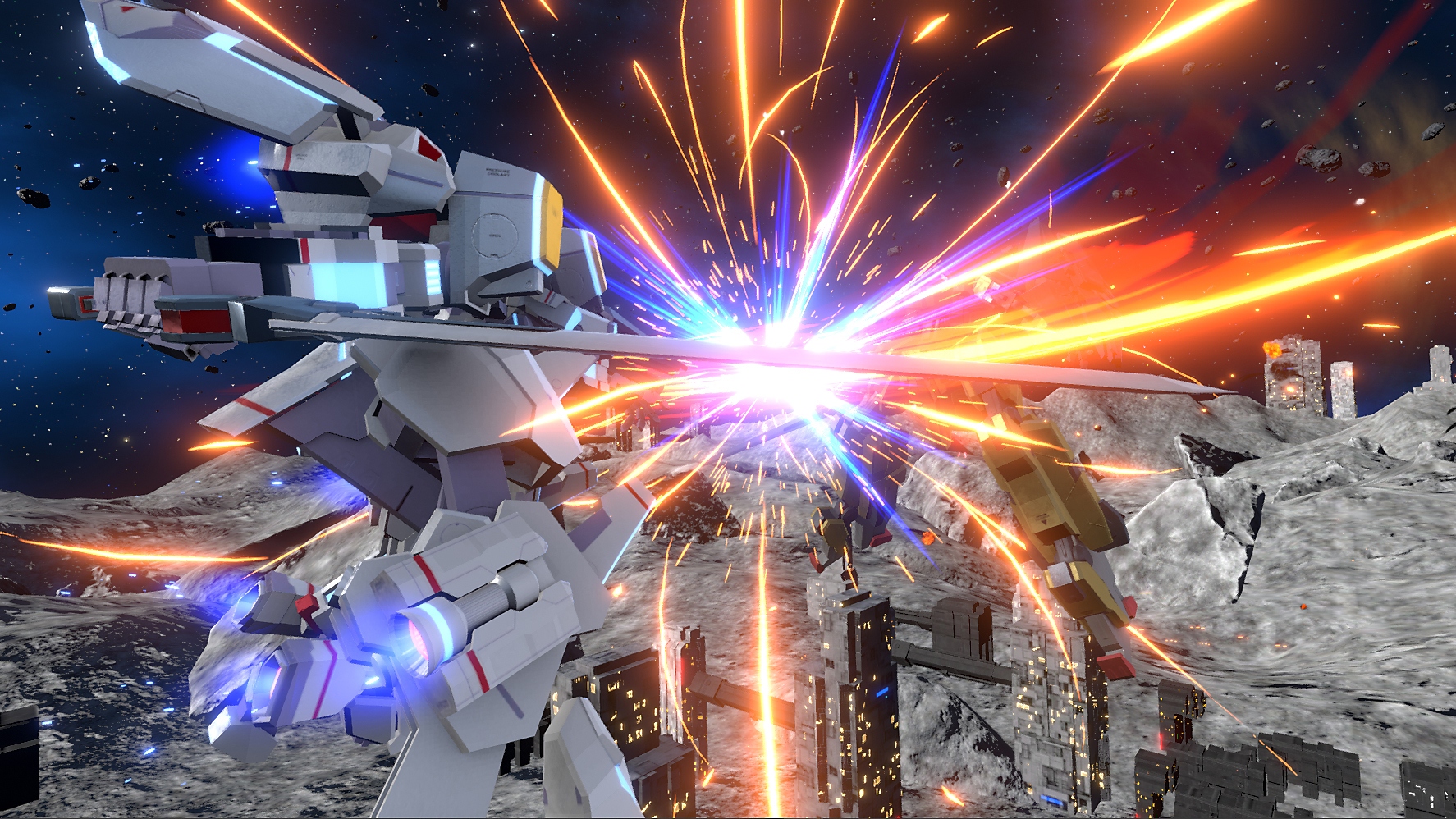 Relayer screenshot showing Stellar Gear, a large humanoid mech suit with a large sword, on a moon-like surface