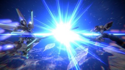 《傳繼者》螢幕截圖顯示兩個「星辰武裝」也就是大型類人機甲，身處在燦爛的白色閃光之前
