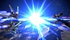 Captura de pantalla de Relayer que muestra dos Stellar Gear, grandes trajes mecha humanoides, frente a un brillante estallido de luz
