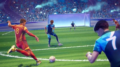 Gameplay screenshot from Rematch depicting a football match mid-game..