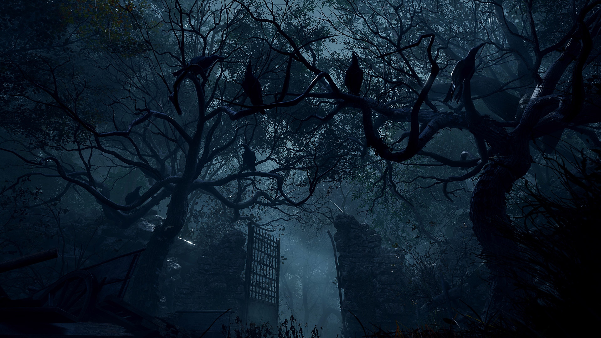 Resident Evil 4 - screenshot met hoge stenen poorten in een zwaar bebost gebied.