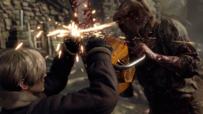 Resident Evil 4 – Screenshot, der Leon zeigt, wie er einen Angriff einer Kettensäge mit seinem Messer abwehrt.