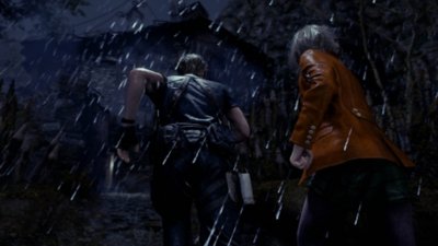 《Resident Evil 4》螢幕截圖：里昂·甘迺迪與艾殊莉在雨中奔跑。