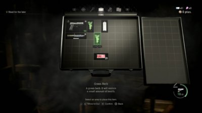 Captura de pantalla de Resident Evil 4 que muestra la pantalla del inventario.
