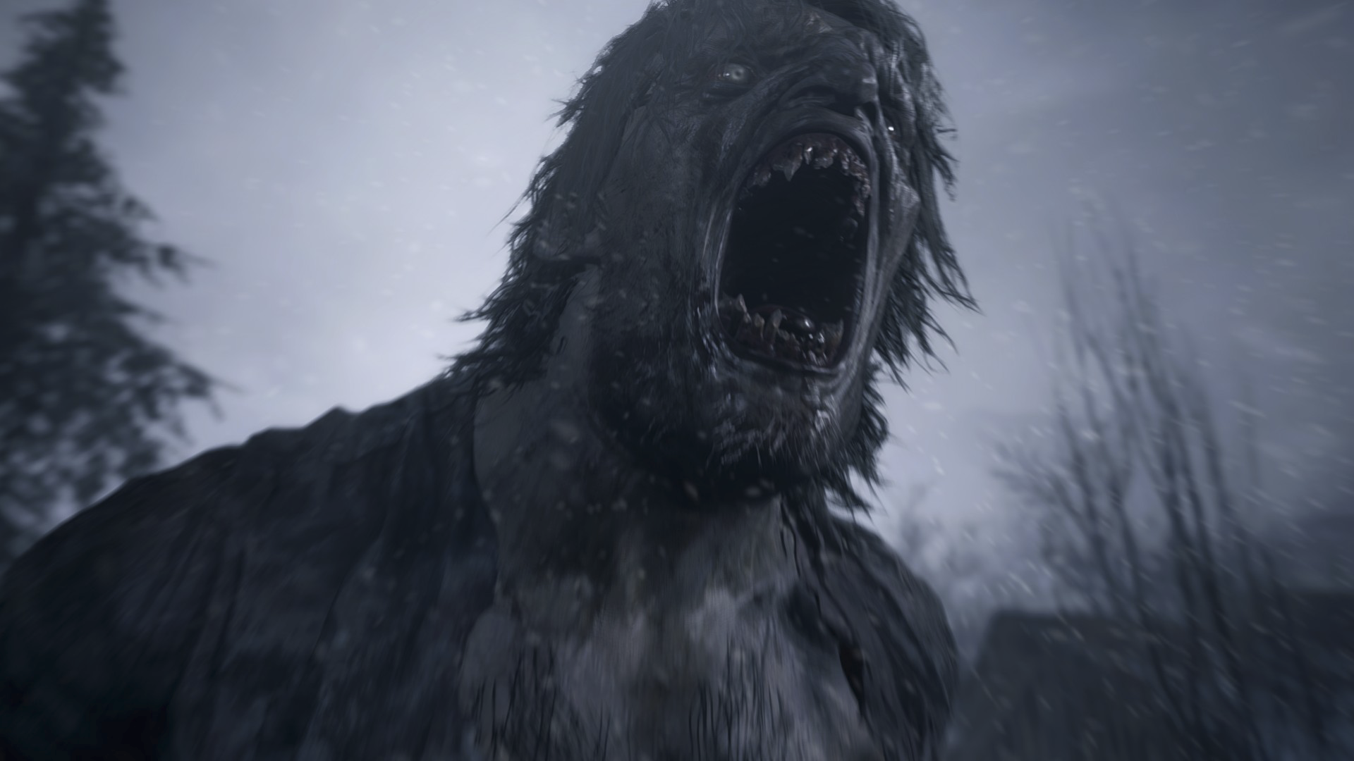 Resident Evil Village στιγμιότυπο προώθησης παιχνιδιού που απεικονίζει έναν κτηνώδη ανθρωποειδή χαρακτήρα να ουρλιάζει.