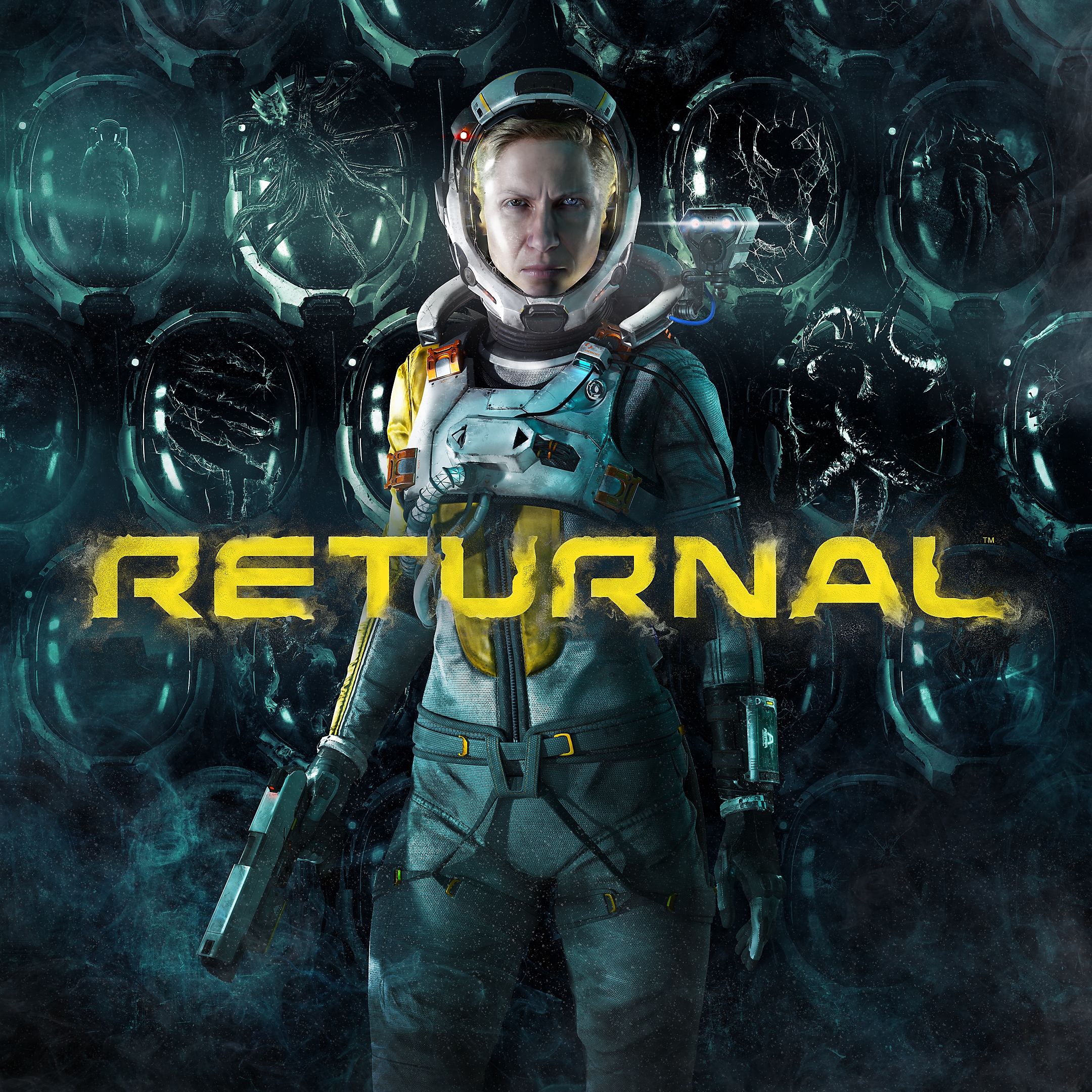 الصورة الفنية الأساسية للعبة Returnal بها وجه الشخصية بالكامل