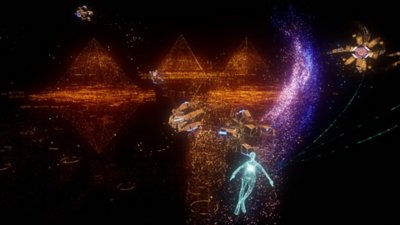 Captura de ecrã de Rez Infinite da personagem principal a explorar a Area X onde são visíveis pirâmides digitais no fundo