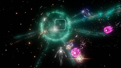 Rez Infinite – kuvakaappaus pelaajahahmosta taistelemassa eri vihollisia vastaan Alue X:llä