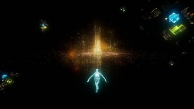 Screenshot von Rez Infinite, auf dem der Charakter durch Gebiet X fliegt