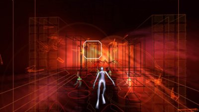 Rez Infinite screenshot showing the player character flying through an orange-hued abstract, wireframe environment in Area 1