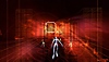 《Rez Infinite》螢幕截圖，呈現代表玩家的角色在1區中飛過橘色調的抽象線框環境