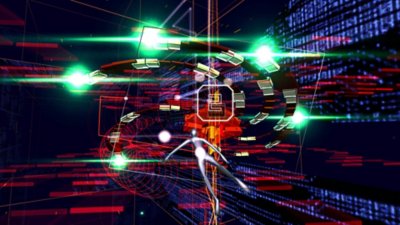 Rez Infinite-skærmbillede, der viser spillerfiguren, som kæmper mod Area 1-bossen