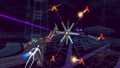 Rez Infinite στιγμιότυπο που απεικονίζει τον χαρακτήρα του παίκτη να πολεμάει έναν εχθρό, που μοιάζει με δορυφόρο, και πολλαπλά ντρόουν στην Area 2