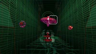 Screenshot von Rez Infinite, auf dem der Charakter einen raumschiffartigen Gegner in Gebiet 3 bekämpft