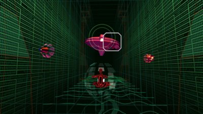 Rez Infinite – kuvakaappaus pelaajahahmosta taistelemassa avaruusalusta muistuttavaa vihollista vastaan Alue 3:lla